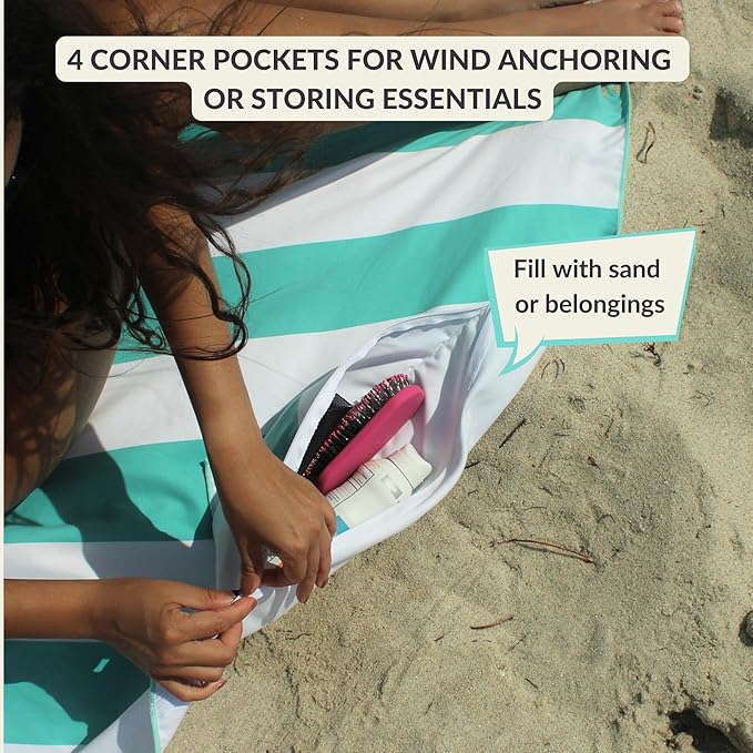 Plush Microfiber Beach Blanket Extra Large Beach Mat for 3-6 Persons Sandproof Windproof | Hole for Umbrella Corner Sand Pockets to Fight Wind (Bag for Blanket Included)