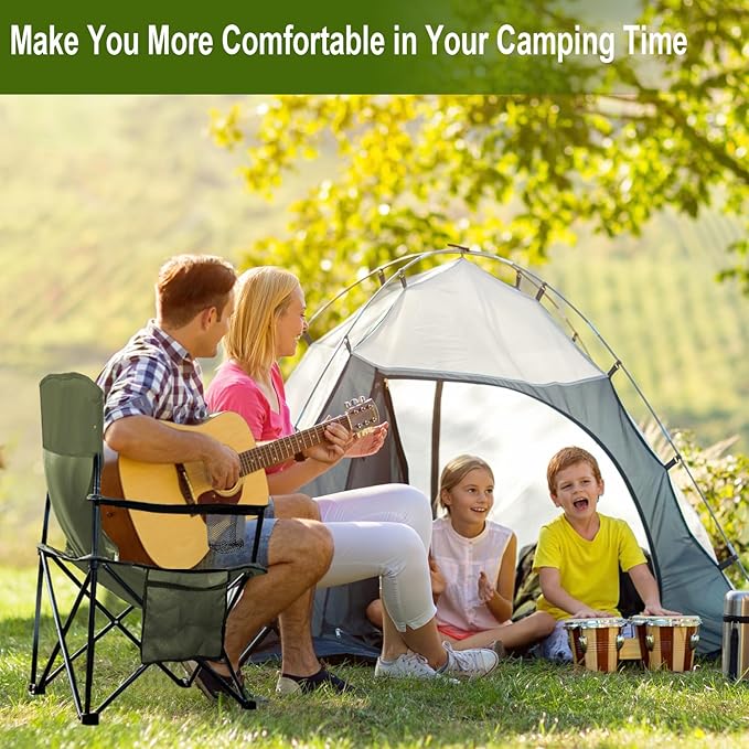 Folding Camping Collapsible Chairs Heavy Duty Lawn Chair with Cooler Bag Storage Pocket Waterproof Bag Outdoor Arm Chair Supports 225LBS Green