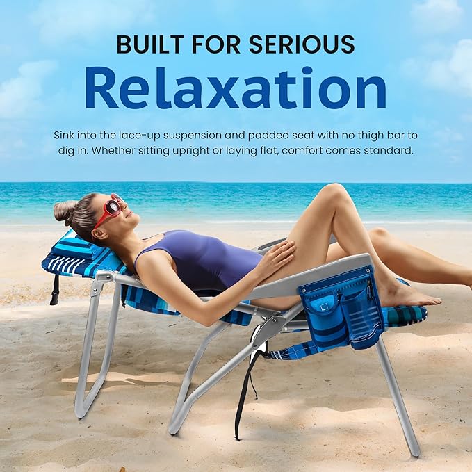 Homevative Backpack Fold-Up Beach Chair 5 Positions Towel bar Cooler Storage Pouch Cup Holder and Phone Pocket