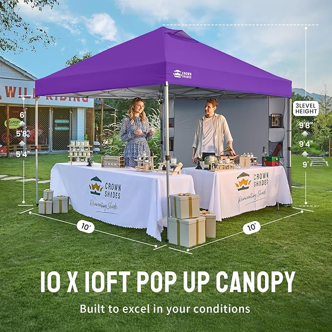 CROWN SHADES Canopy Tent 10x10 Pop Up Canopy Outdoor Shade with Pockets Sidewall Easy Up Sun Shelter with One Person Set Up Center Lock Portable Instant Camping Beach Canopy Tents Purple