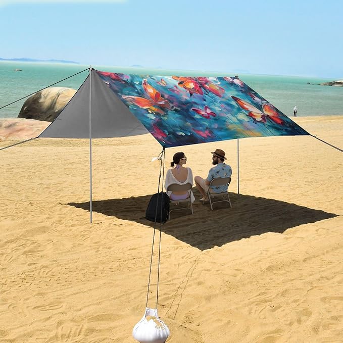 ALAZA Butterfly Painting Beach Tent Sun Shelter UPF50+ Protection Beach Shade Canopy w/ 4 Sandbags for Outdoor Camping Fishing Backyard Fun Picnic 10x9 ft