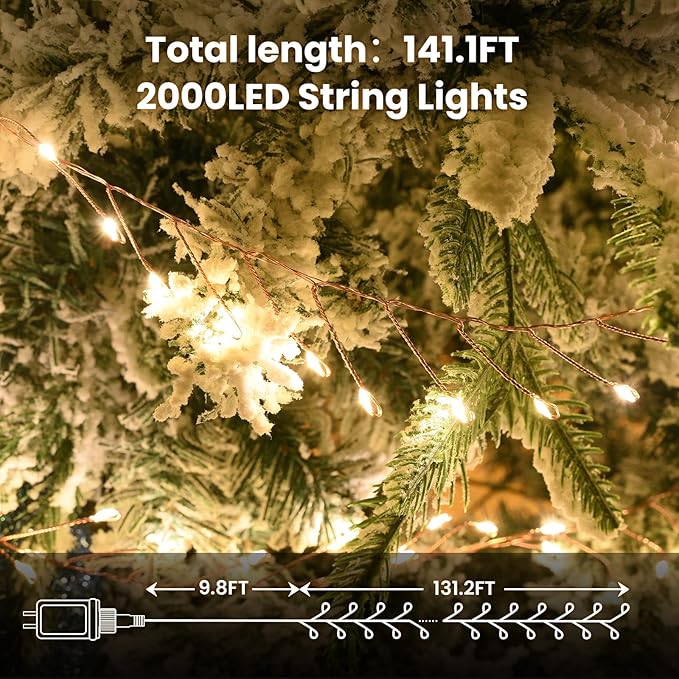 Dailyart Fairy Lights Plug in 2000 Led Twinkle String Light with Remote 130Ft Waterproof 8 Modes Warm Cluster Lights with Timer for Bedroom Wreath Window Wedding Christmas Tree DecorationGold Wire