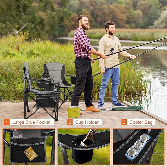 2 Pack Padded Oversized Camping Chairs for AdultsHeavy Duty Support 400 LbsFolding Portable Lawn Chair w/Cup HolderCooler BagSide PocketPerfect for Outdoor PicnicHiking(Black)