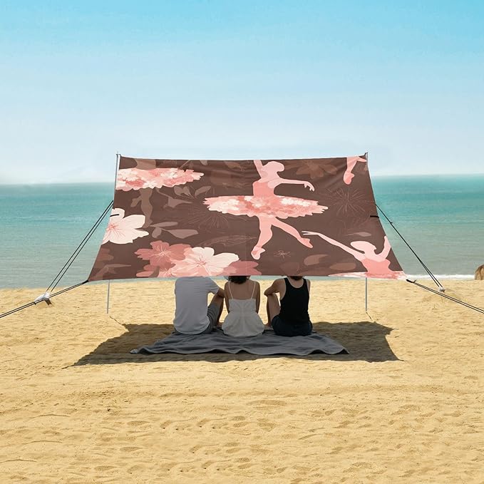 Ballet Dancer Flower Pattern Camping Sun Shelter Beach Tent Portable Beach Sun Shade Outdoor Canopy for Camping Trips Fishing Picnic