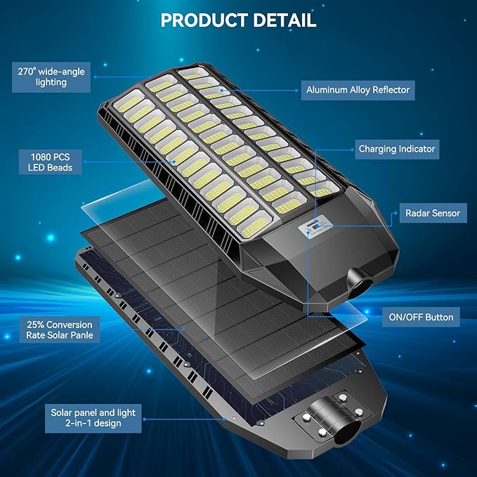 9500W Solar Street Light Outdoor Commercial Grade Solar Lights Outdoor IP67 Waterproof Parking Lot Lights Dusk to Dawn LED Security Flood Light Motion Sensor with Remote Control 2 Pack