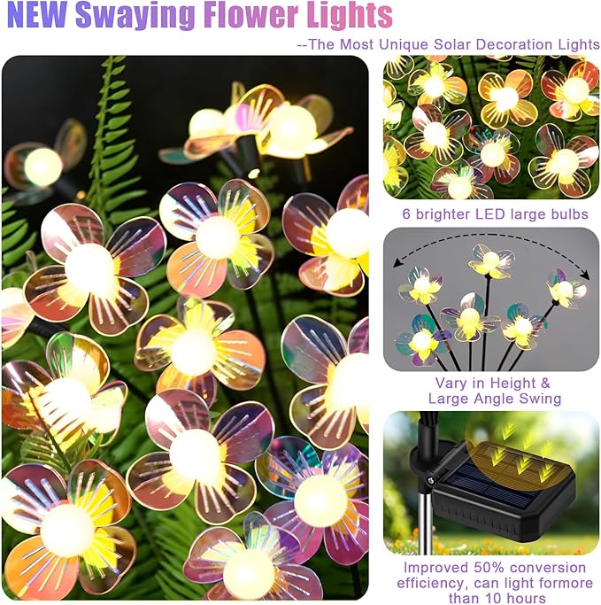 Solar Garden Lights Outdoor New Upgraded 4-Pack Firefly Solar Lights with Iridescent Petals &amp Warm White Glow - Waterproof Wind-Swaying Decor for Yard Patio