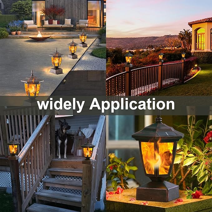 Dynaming 4 Pack Solar Flame Post Lights Outdoor Solar Powered Lamps Fence Post Cap Lights Flickering Flame LED Lantern Waterproof for Garden Deck Patio Fit 4x4 5x5 or 6x6 Wooden Posts Bronze