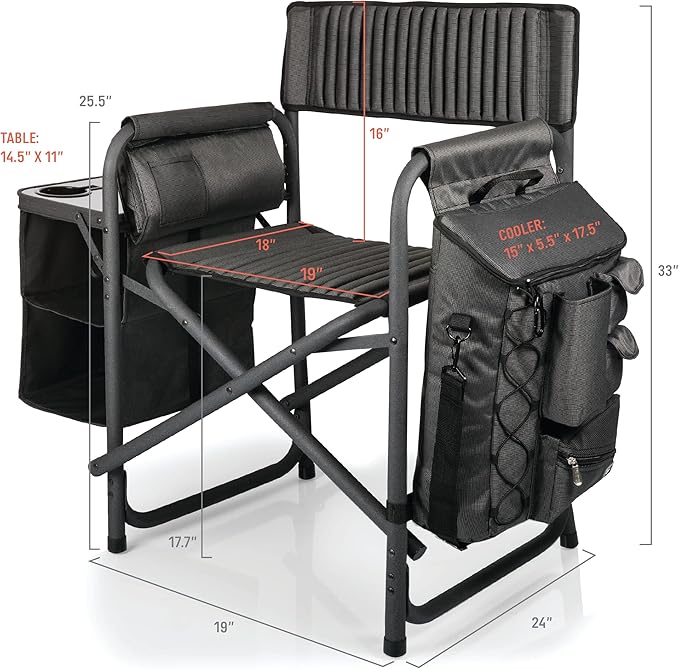 PICNIC TIME Fusion Camping Chair with Side Table and Soft Cooler Outdoor Foldable Padded Camping Chairs with Cup Holder for Lawn Beach &amp Sports Use for Adults (Dark Gray Black Accents)