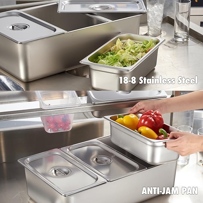 CURTA Ice Chilled Condiment Serving Container (3 Pan) NSF Certified 2 Types of Lids Drain Tray Commercial Spice Rack Set For Kitchen Buffet Catering Food Pan