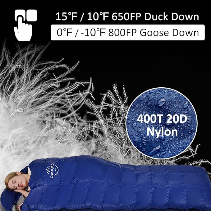 -10°F 0°F 10°F 15°F Down Sleeping Bag for Adults800/650 Fill PowerUltralight Wearable 4 Season Cold Weather Rectangle Sleeping Bag for Camping HikingCan be Used as a Down Blanket or Cloak
