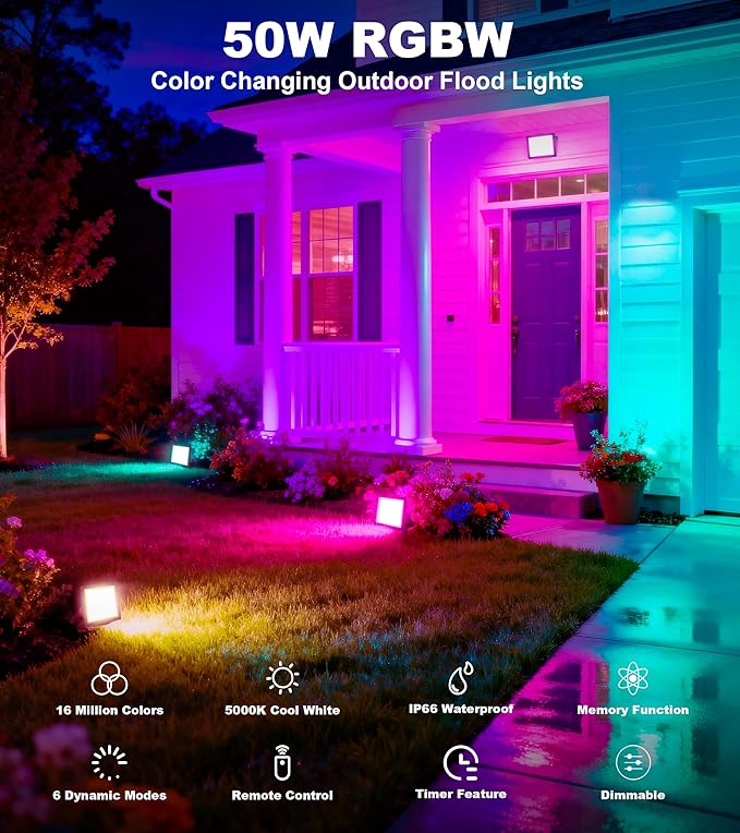 50W RGB Flood Light with Remote &amp 6.6Ft Cable Halloween RGB Floodlight IP66 Waterproof Color Changing Christmas Light 5000K White LED Floodlight Outdoor Uplights for Events 4 Pack