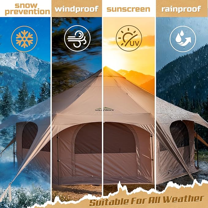 16.5ft Canvas Bell Tent Large Yurt Tent with Stove Jack for Camping &amp Glamping 55 High Walls Maximum Space Waterproof 4 Season Hot Tent with 8 Mesh Windows &amp Removable Floor