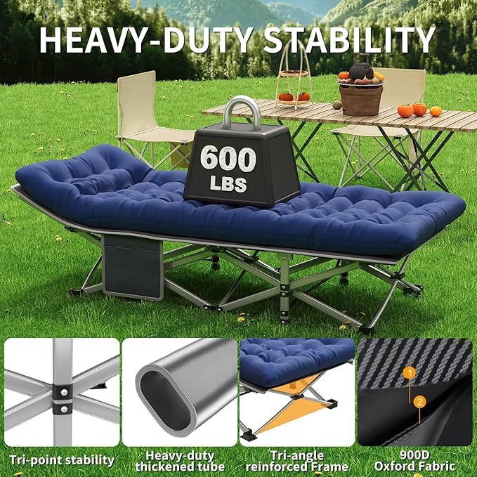 Blue Camping Cot with 2.9 Thick Mattress - Heavy Duty 600 LBS Folding Bed 75x28 Portable Guest Bed Waterproof Oxford Fabric &amp Alloy Frame for Camping RV Home Emergency