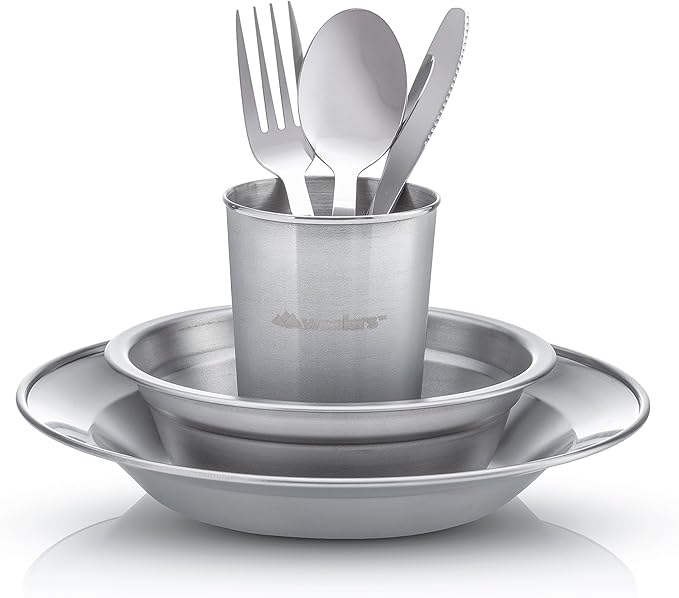Wealers Unique Complete Messware Kit Polished Stainless Steel Dishes Set| Tableware| Dinnerware| Camping| Buffet| Includes - Cups | Plates| Bowls| Cutlery| Comes in Mesh Bags (4 Person Set)
