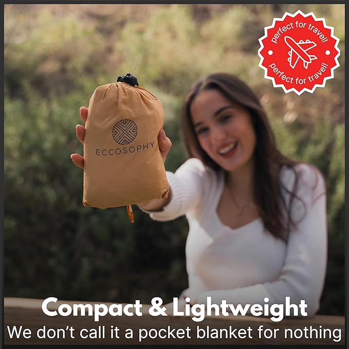 ECCOSOPHY Sand Proof Beach Blanket - Waterproof Picnic Blanket 60x55 Outdoor Compact Pocket Blanket Lightweight Ground Cover for Hiking Camping Festivals Sports Travel with Bag &amp Stakes (Caramel)