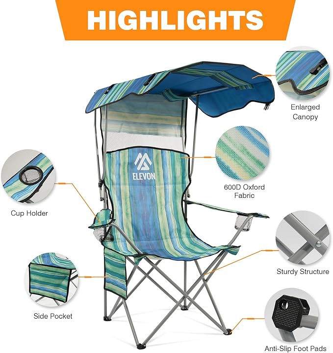 Elevon Camping Chair Oversized Folding Chair with Canopy Portable Outdoor Chair with Arms Cup Holder and Carry Bag for Camping Fishing Beach and Sports Turquoise