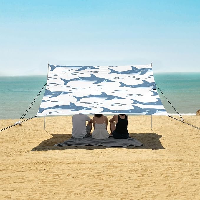 Animals Dolphin Seamless Shark Camping Sun Shelter Beach Tent Portable Beach Sun Shade Outdoor Canopy for Camping Trips Fishing Picnic