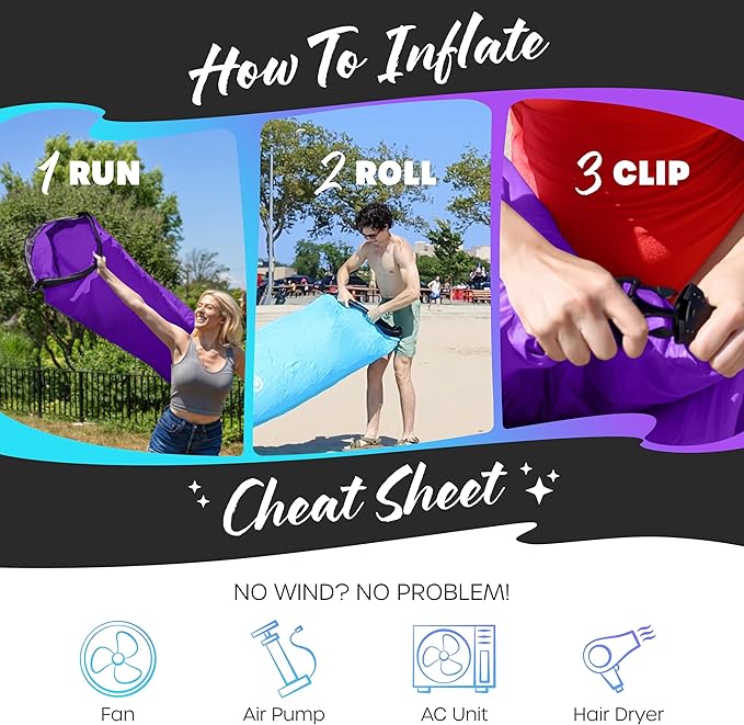 Nevlers Blue &amp Purple Inflatable Lounger 2 Pack | 210T Polyester Inflatable Chair | No-Pump Air Couch | Blow Up Couch Set w/ 450 lbs. Capacity Pockets &amp Carry Bags for Use as Beach Accessorie