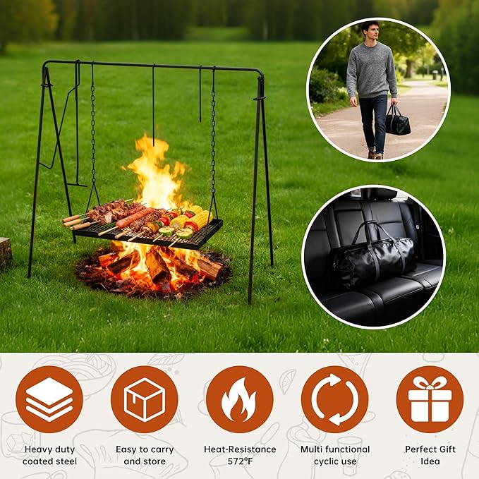 Campfire Swing Grill with Adjustable Grill Cooking RackCamp Fire Cooking Equipment Comes With 8 Hooks Accessories and handbagPortable Dutch Oven Hanger for Camping Hiking Cookware Bonfire
