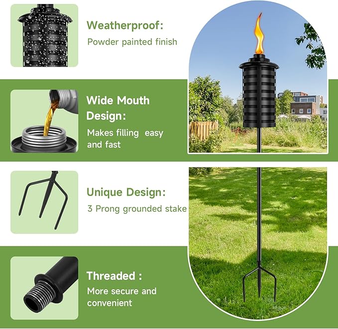 ZSZMFH 4 Pcs Metal Torch for Outside 16oz Outdoor Metal Torch Garden Décor59-Inch Upgraded Citronella Torches with 3-Prong Grounded Stake Table Top Torches for Party Patio Pathway