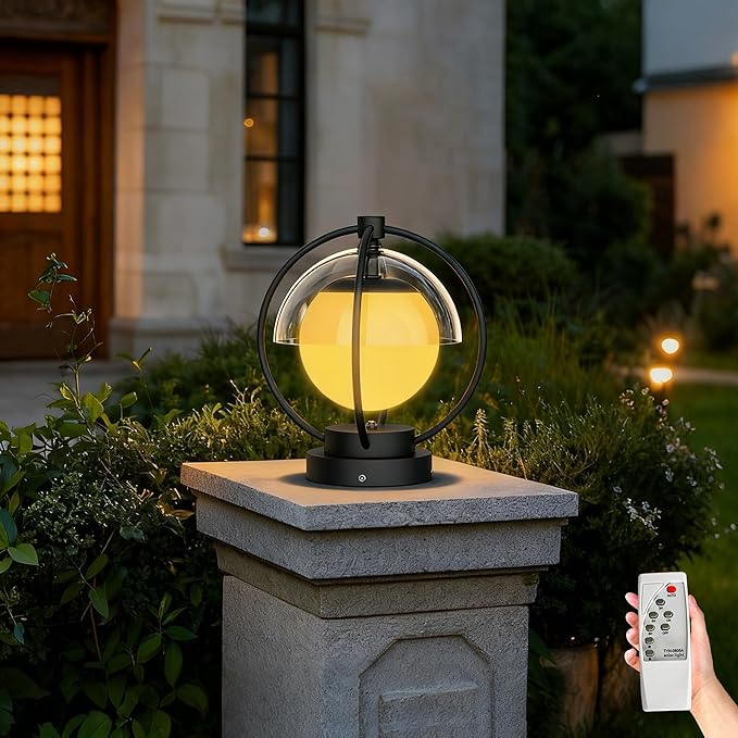 Solar Post Lights with Remote Control Modern Pillar Light Dusk to Dawn IP54 Waterproof Solar Post Cap Lights with 3200K LED Outdoor Light Fixture for Garden Deck Patio Outside Lighting (Moon)
