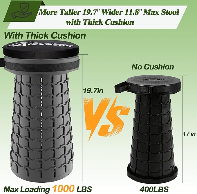 ALEVMOOM Upgraded XXL Collapsilbe Stool with Thick CushionMore Sturdy and Height 19.7“D11.8”Portable and Lightweight Adjustable Telescoping Stool for Camping Hiking BBQ Max Loading 1000Ibs