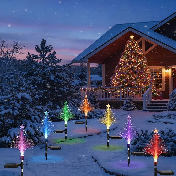 Baquler 6 Pack Solar Christmas Tree Garden Stake Lights Outdoor Waterproof Color Changing Christmas Lighted Yard Decorations Optical Fiber Xmas Pathway Lights for Lawn Patio Cemetery (7 Color Change)
