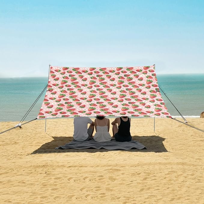 ALAZA Strawberry Daisy Pink Beach Tent Sun Shelter UPF50+ Protection Beach Shade Canopy w/ 4 Sandbags for Outdoor Camping Fishing Backyard Fun Picnic 10x9 ft