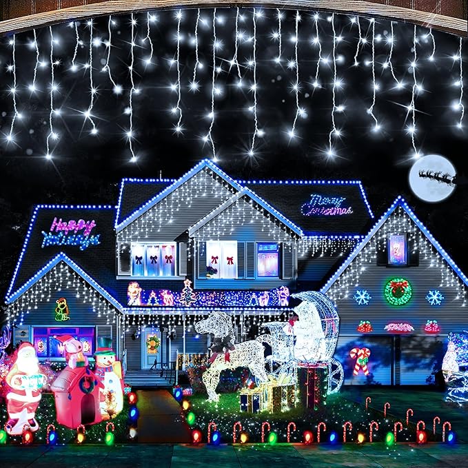 Hezbjiti Christmas Lights Decorations Outdoor 800 LED 65.6 FT 8 Modes 150 Drops Fairy String Curtain Lights for Christmas Decor Eaves Window Party Yard Garden Indoor (Cold White)