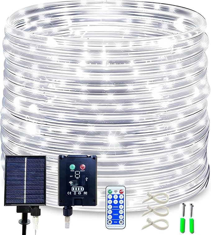Solar Rope Lights 50 Feet 500 LED 8 Modes Solar Rope String Lights Outdoor Fairy Lights Waterproof Tube Lights with Solar Panel for Outdoor Indoor Home (500LED Cool White)