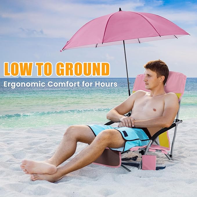 Lamberia Folding Beach Chair with Umbrella for Adults Portable Low Beach Chairs with 300lbs Capacity Lightweight Fodable Camping Chair for Travel Picnic Concert &amp Outdoor Activities Pink-Yell