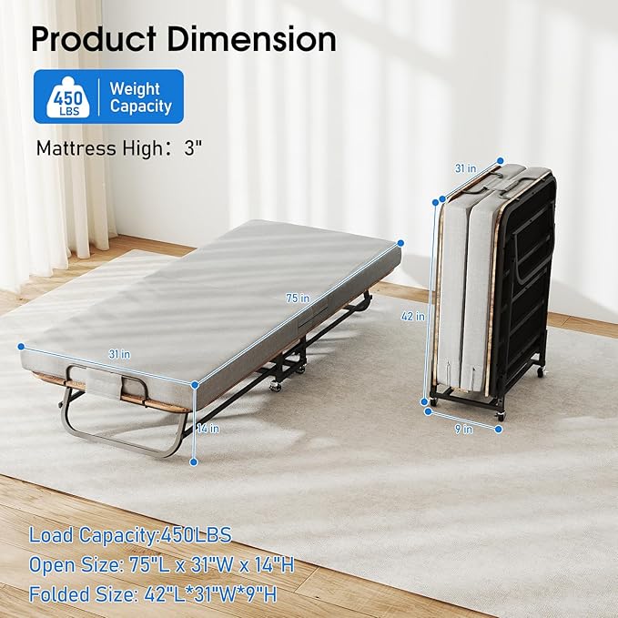 Portable Folding Bed with Memory Foam Mattress - 450 LBS Capacity Lockable Wheels &amp Sturdy Metal Frame