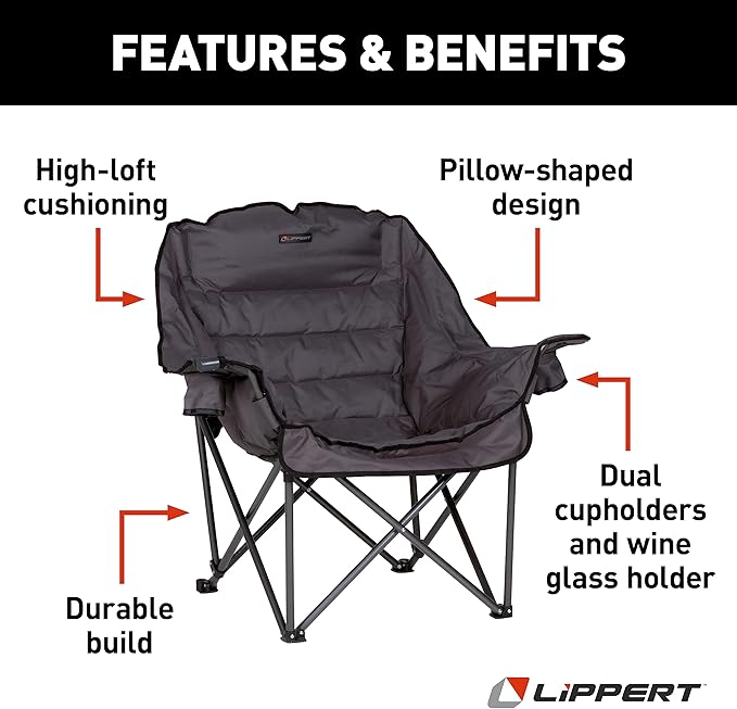 Lippert Big Bear Club Camping Chair - Dark Grey Comfortable Foldable Chair Oversized Pillow Cushions Dual Cupholders Powder Coated Steel 600D Polyester Fabric 400 lb. Capacity 2022114815