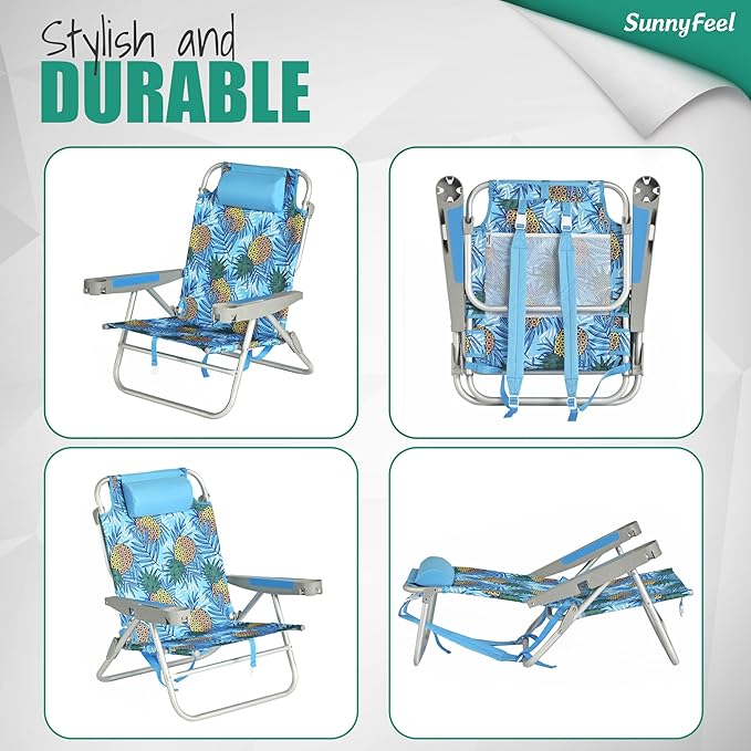 SUNNYFEEL Extra Wide 28 Low Beach Chair 5 Position Lay Flat XL Oversized Portable Folding Camping Chairs with Cup Holder for Outdoor/Trip Lightweight Foldable Backpack Beach Chair for Adults