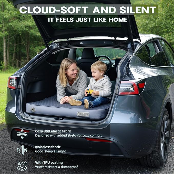 UPWELL Self Inflating Sleeping Pad Truck Camping Thick Mattress for Tesla Model Y Solid Foam 4 Season Car Bed Mattress Portable Roll Up Bed Greywith air Pump