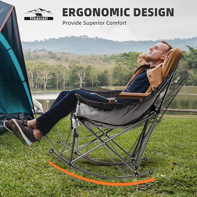 Oversized Rocking Camping Chairs Set of 2 Fully Padded Camp Chairs for Adults with Side Pocket and Cup Holder Heavy-Duty 400lbs Capacity Black &amp Gray