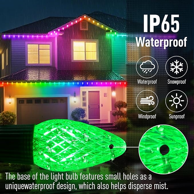 Probro Smart C9 LED Christmas Lights Outdoor 134FT 150 LEDs App Control 105+ Lighting Modes Music Sync Dimmable IP65 Waterproof Connectable String Lights for Yard Patio Roofline Decor