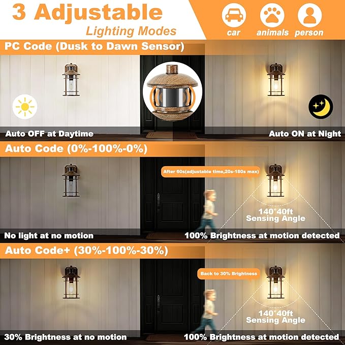 OKELI Upgraded Porch Lights with GFCI Outlet-Motion Sensor &amp Dusk to Dawn Outdoor Light Fixture3 Lighting Modes Waterproof Anti-Rust Faux Wood Grain Outdoor Lights for House Porch Garage (2 Pack