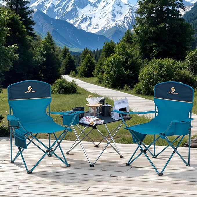 LET'S CAMP Camping Chair 2 Pack Folding Chair with 3-Can Cooler Bag Portable Lawn Chair with Cup HolderStorage Pocket Supports 225LBS Collapsible Chair for Camp Beach Picnic (Blue)