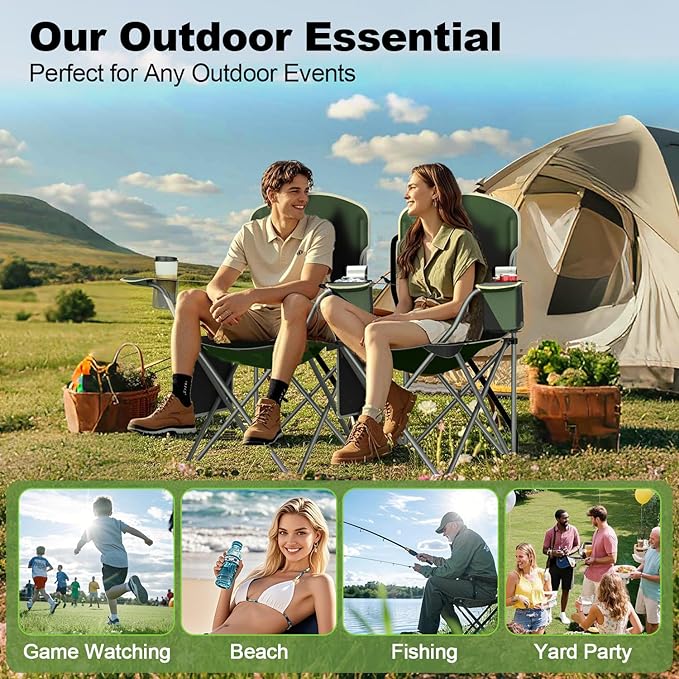 Folding Camping Chairs Durable 600D Oxford Portable Outdoor Chair with Cooler Pouch Cup Holder &amp Storage Pocket for Camping Beach Fishing
