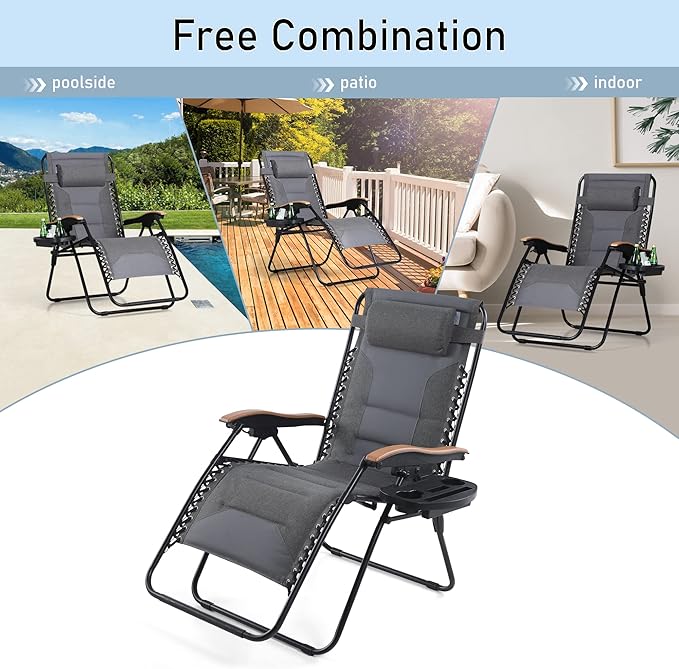 PHI VILLA XXL Oversized Padded Zero Gravity Chair Set of 2 Foldable Patio Recliner 30 Wide Seat Anti Gravity Lounger with Armrest and Cup Holder Support 400 LBS (Light Gray)