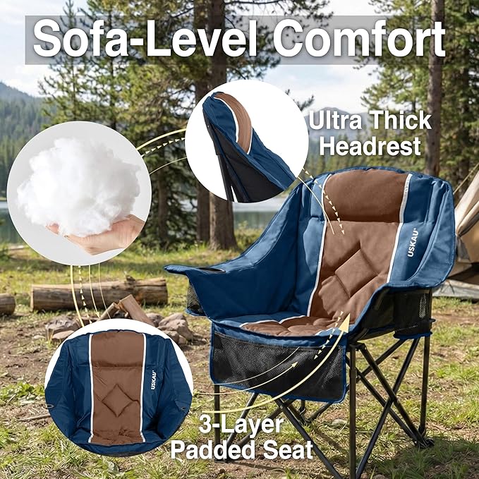 Oversized Camping Chair for Adults - Heavy Duty 400 lbs Padded Folding Chair with Wine Glass Holder 2 Cup Holders &amp Side Pockets Portable Carry Bag for RV Tailgating Lawn