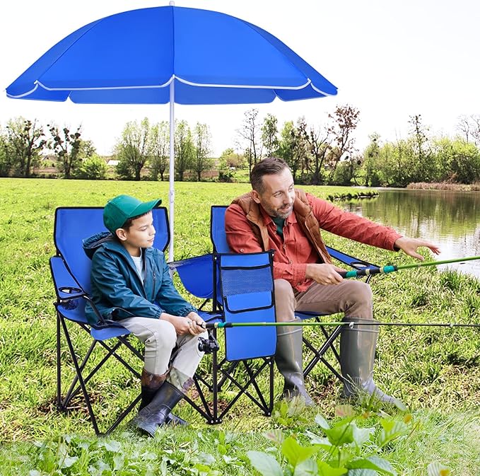 COSTWAY Double Portable Picnic Chairs Folding Camping Chairs w/Detachable Umbrella Cooler Bag Cup Holders Patio Beach Camping Chairs for Outdoors Blue