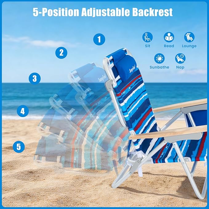 SUNNYFEEL Low Back Folding Beach Chair Aluminum Heavy Duty Beach Chair with with 5-Position Portable Camping Chair for Adults with Wood Armrest Lightweight Camping Chair 300lbs Blue Stripe