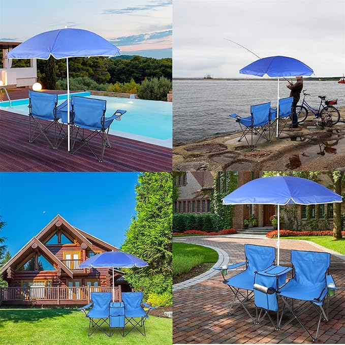 Beach Camping Chair Portable Double Folding Picnic Chairs Beach Camping Chair W/Umbrella Mini Table Beverage Holder Carrying Bag for Beach Patio Pool Park Outdoor