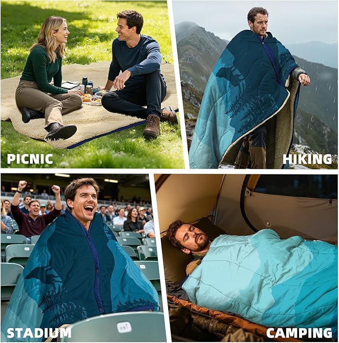 Outdoor Camping Blanket - Puffy Camping Blanket PackableSherpa Fleece Warm Blanket for Camping Outdoors Travel Stadium Festivals Beach Hammock 56x 78 Machine Washable DWR Lightweight