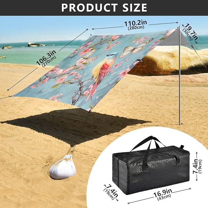 Beautiful Bird Beach Tent Sun Shelter 9.2' x 10.5' Beach Canopy with 4 Sandbags 4 Stability Poles Sand Shovels - Tent Canopy for Beach Camping Fishing Picnics