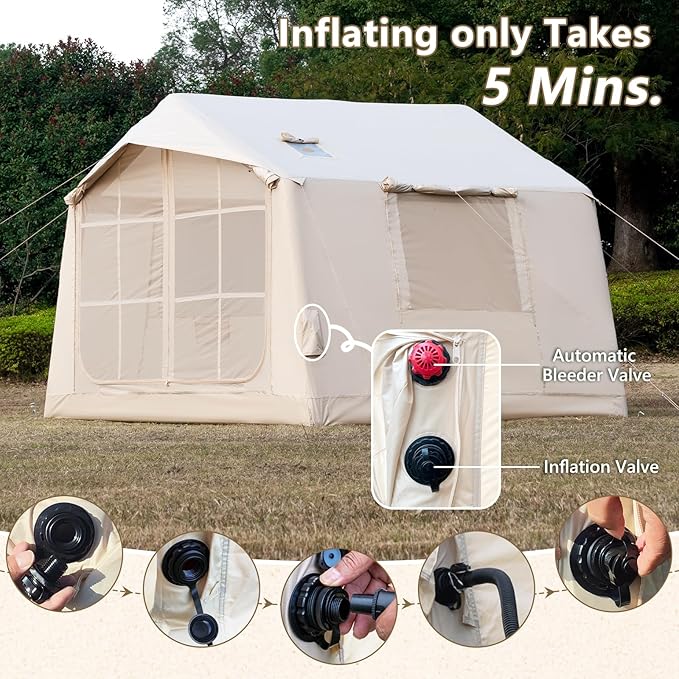 Inflatable Camping Tent with Hand Pump Waterproof Outdoor Blow up Tent 2-8 Person Oxford 4 Season Glamping Air Tent Cabin House with Mesh Windows &amp Door