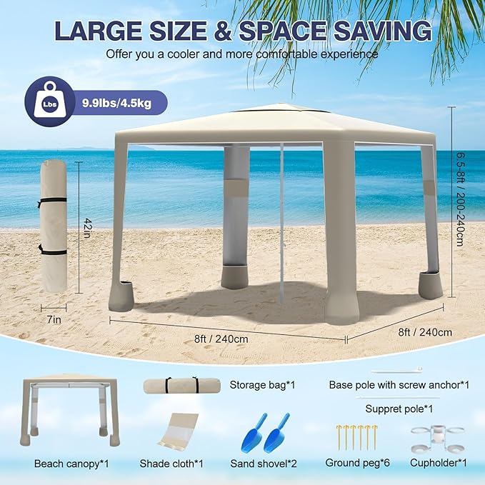 Beach Tent8'×8' Large Beach Canopy for 4-6 PeopleEasy Setup Beach Sun Shelter with UPF 50+ ProtectionAdjustable Height &amp Wind Resistant Beach Cabana for FamilyParty (Khaki - Solid)