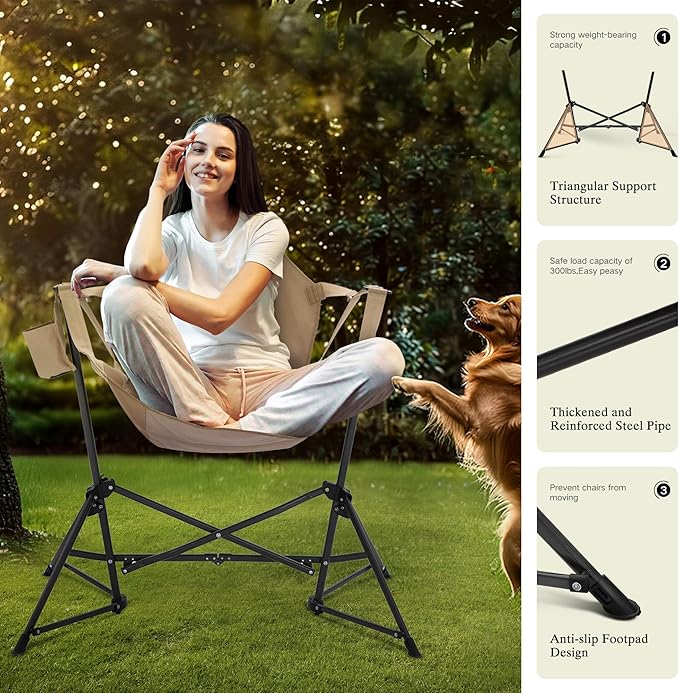 HIGH POINT SPORTS Hammock Camping Chair Adjustable Back Swinging Chair Folding Outdoor Rocking Chair Heavy Duty Portable Camp Chair with Cup Holder and High Back for Adults Beige